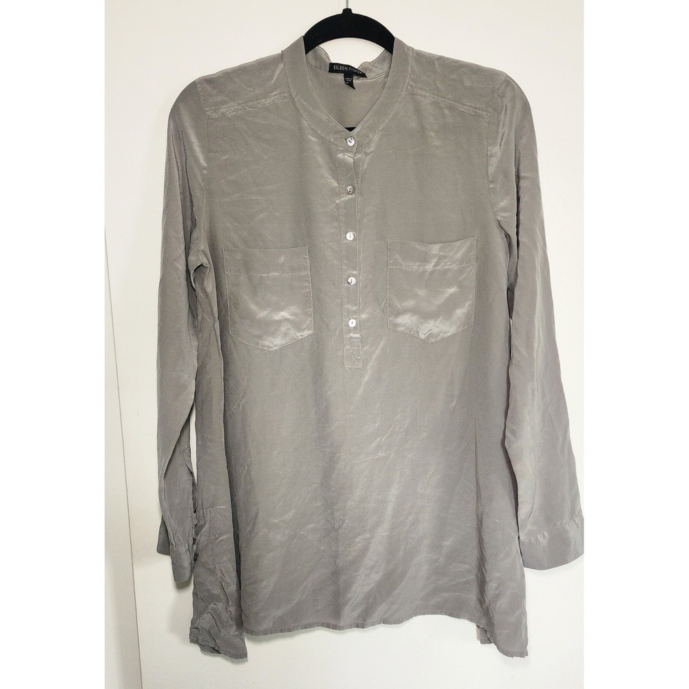EILEEN FISHER 100% Silk Mandarin Collar Tunic Shirt Gray Women's Size S Luxury